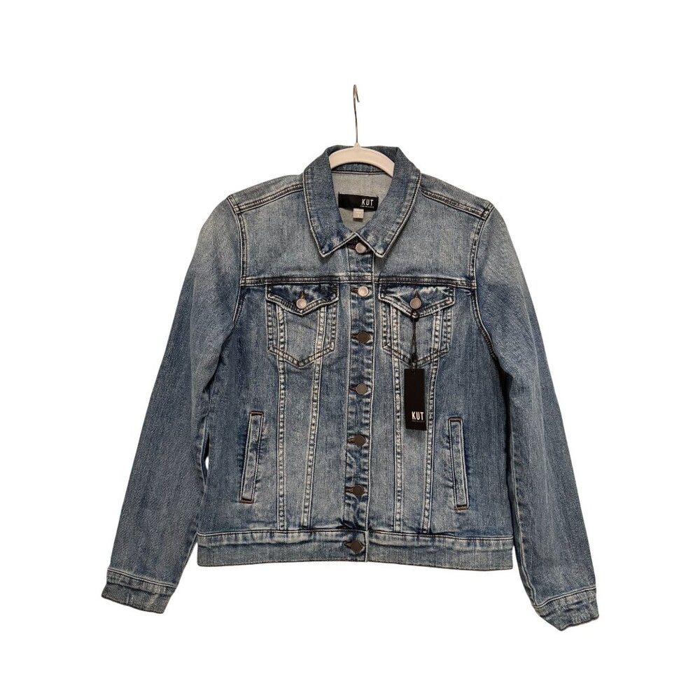 NWT Kut From The Kloth Womens Distressed Blue Denim Jacket S Classic Button Fron